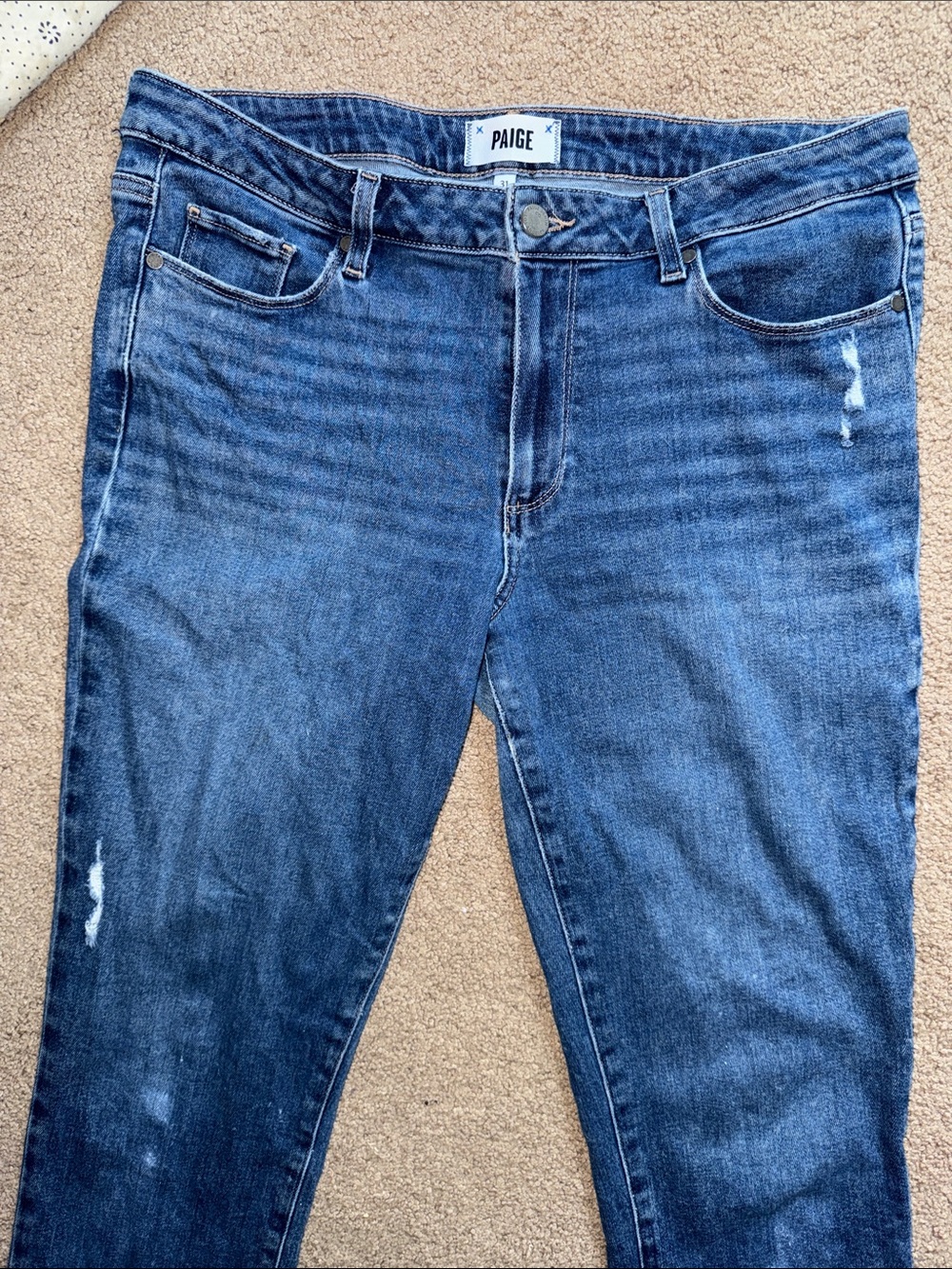 PAIGE Women's Dark Blue Jeans with Subtle Distress